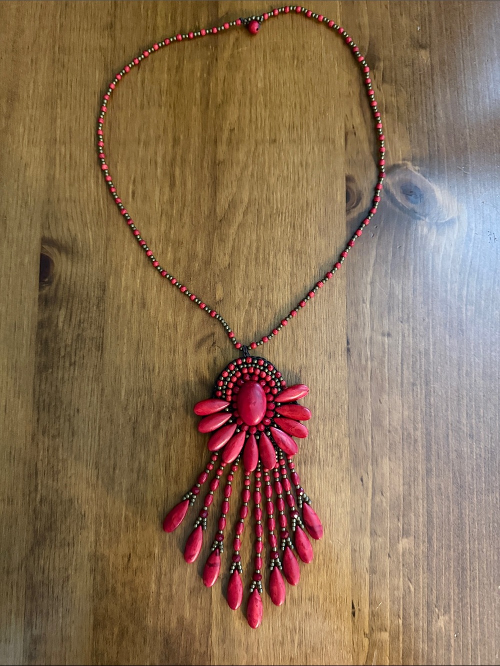 Red Beaded Boho Statement Necklace Long Fringe Pendant